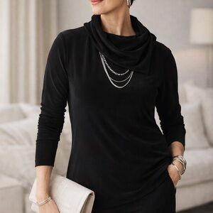 Chico’s Travelers Black Cowl Neck Top Size 2 Elegant Stretch Blouse